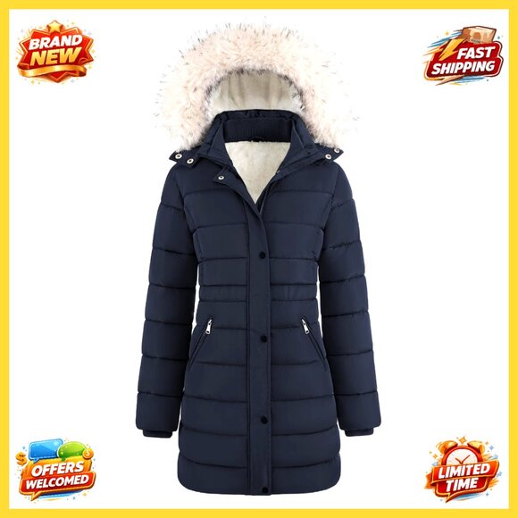 Women's Mid-Length Fleece Lined Puffer Coat with Removable Hood Warm Parka